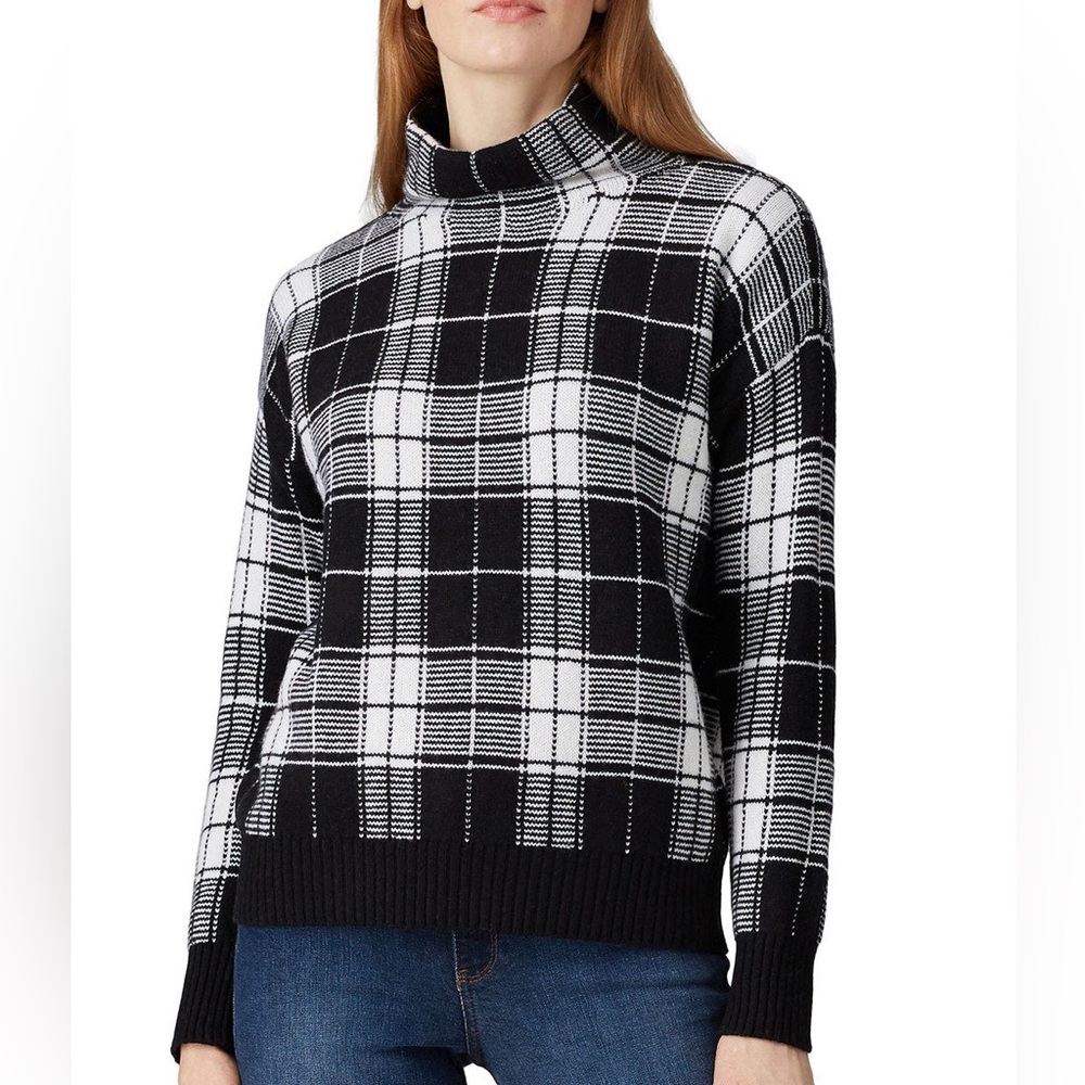 Lauren Ralph Lauren Sz Large Black White Plaid High Mock Neck Pullover Sweater